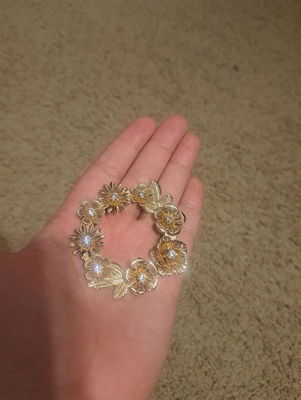 Floral Gold Toned And Rhinestone Earrings